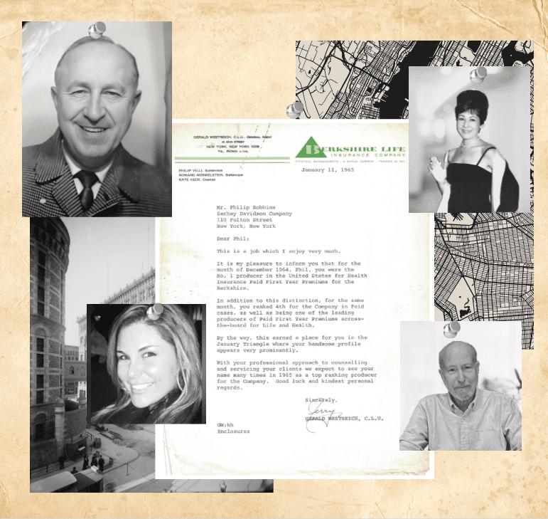 Historical collage featuring a 1965 letter from Berkshire Life Insurance Company congratulating Phil Robbins as the #1 producer in the United States for Health Insurance, along with vintage photographs and maps from Serhey Davidson's early years